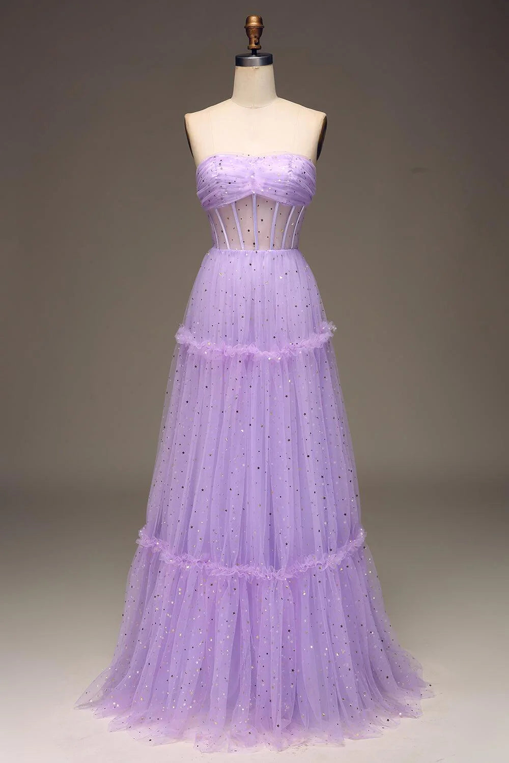 Formal Wear Dresses Lilac Starry Tulle Strapless A-line Long Formal Dress Prom Dress Stores With Prom Dresses 
